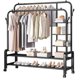Suport Dublu Umerase Haine Stand Metalic Organizator 162x135cm Negru cu Roti