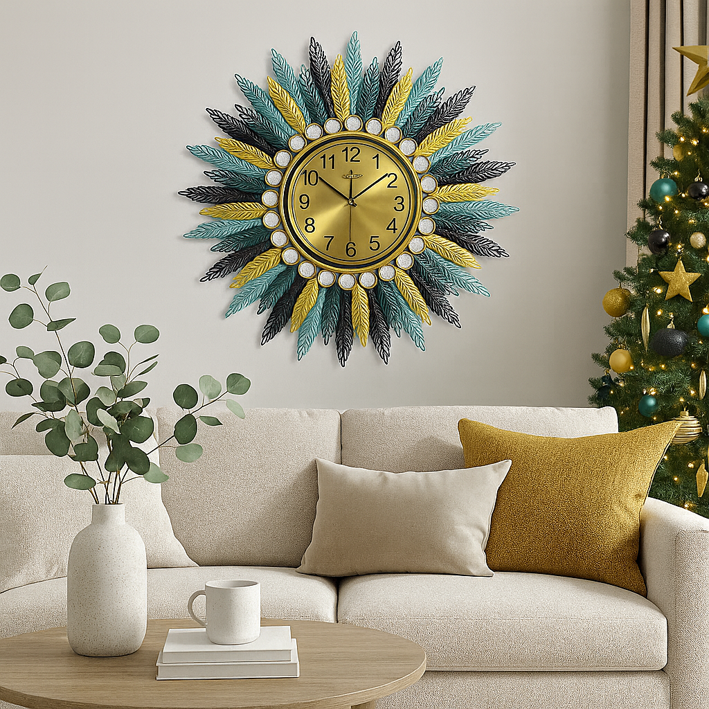 Ceas de perete decorativ, design modern floare, metalic, 73cm