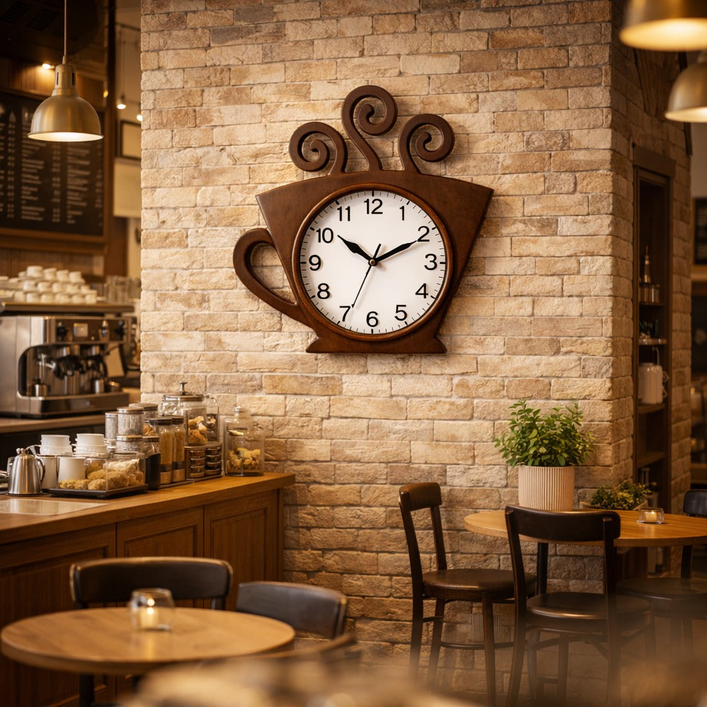 RESIGILAT - Ceas de perete model ceasca cafea 29x27 cm – design decorativ pentru bucatarie sau cafenea