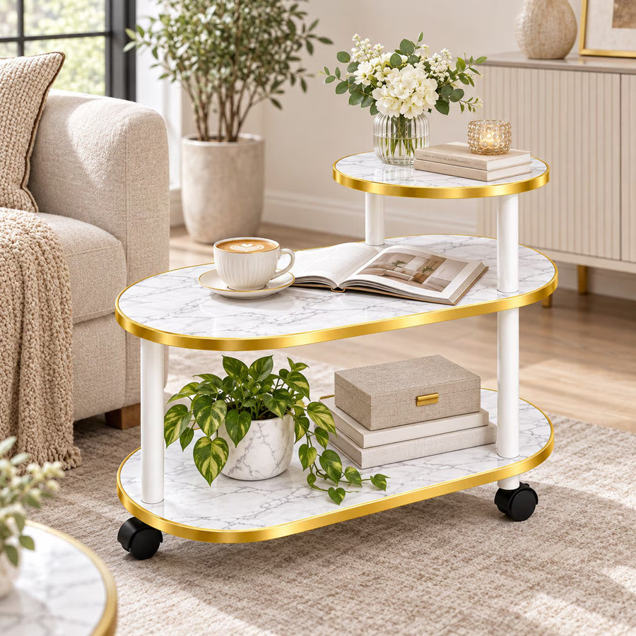 Masuta Laterala 3 Niveluri Alb Auriu 65x30x63 cm Cadru Metalic Rafturi PAL - imagine principala