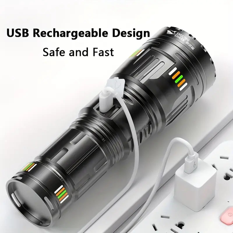 Lanterna profesionala cu led laser, 5km raza actiune, 30000 lumeni, 6 moduri luminare, 90W, incarcare USB-C, baterii incluse