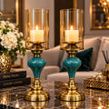 Set 2 Sfeșnice Decorative Premium cu Sticlă Amber și Accente Turcoaz-Aurii – Înălțime 38 cm