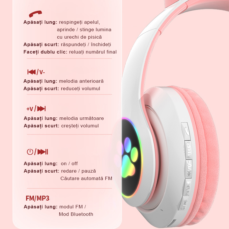 Casti wireless pliabile cu urechi de pisica iluminate LED, Bluetooth 5.0, Bass Stereo