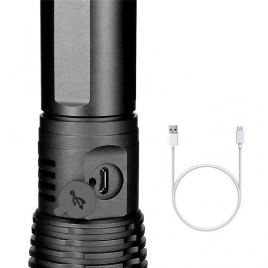 Lanterna LED Ultra-Bright, 20w din aluminiu, sursa XHP50/70/WHITE LASER, profesionala, focus ajustabil, acumulator 8800 mah inclus, rezistenta la apa, incarcare USB, 3000 lumeni
