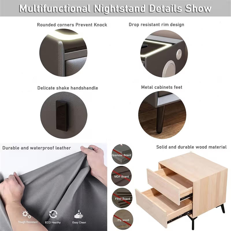 Noptiera Smart Multifunctionala, iluminare LED tactil cu 3 culori, incarcare wireless si USB, difuzor Bluetooth, 2 sertare