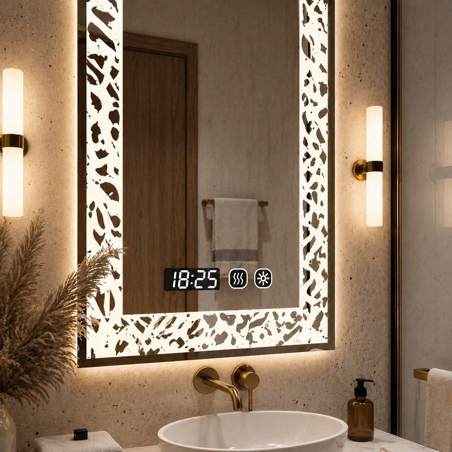 Oglinda LED baie 60x80 cm margini ornamentale iluminare reglabila touch ceas digital