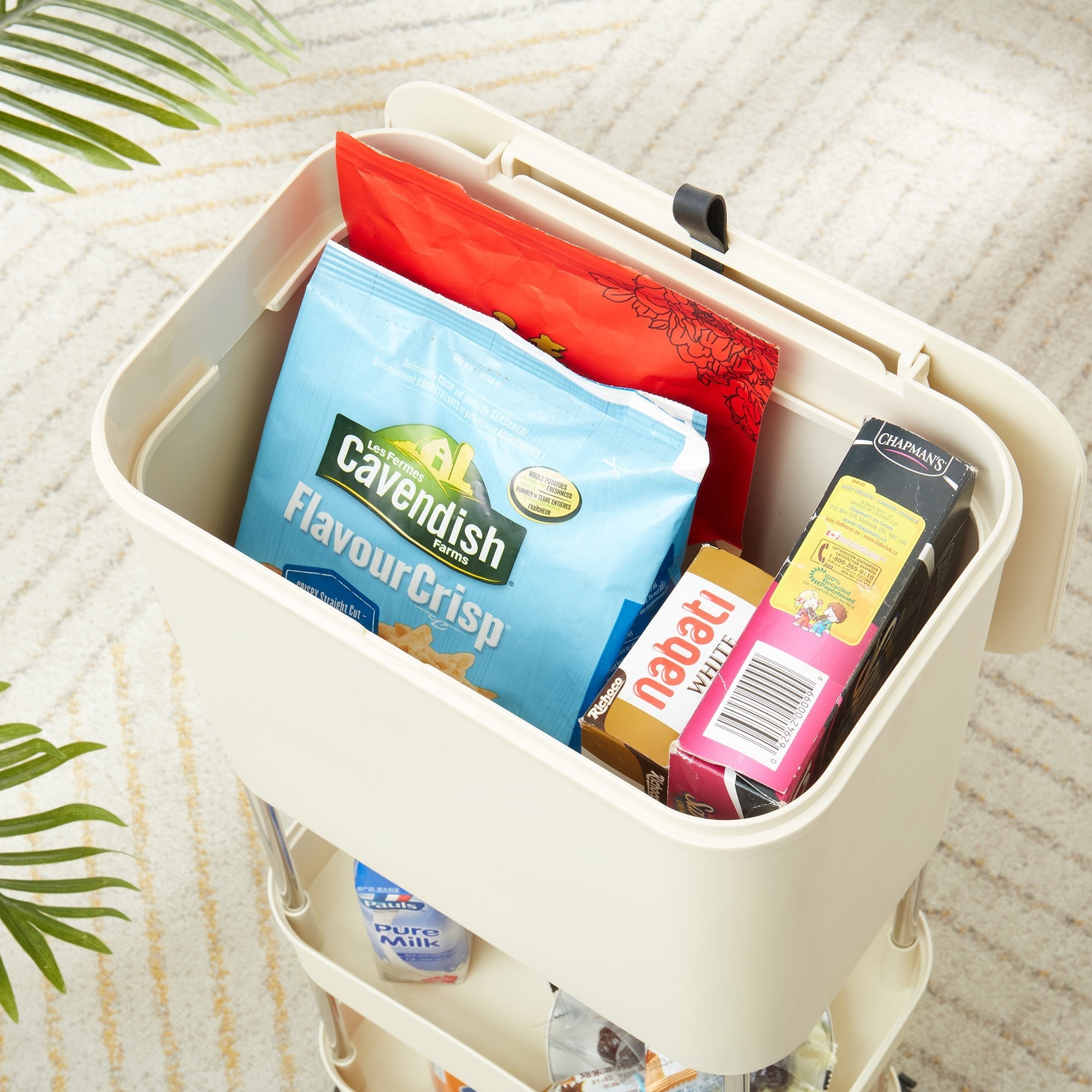 Carucior depozitare cu cos gunoi si 3 niveluri cu roti 360° , 78.5 x 24 x 17 cm