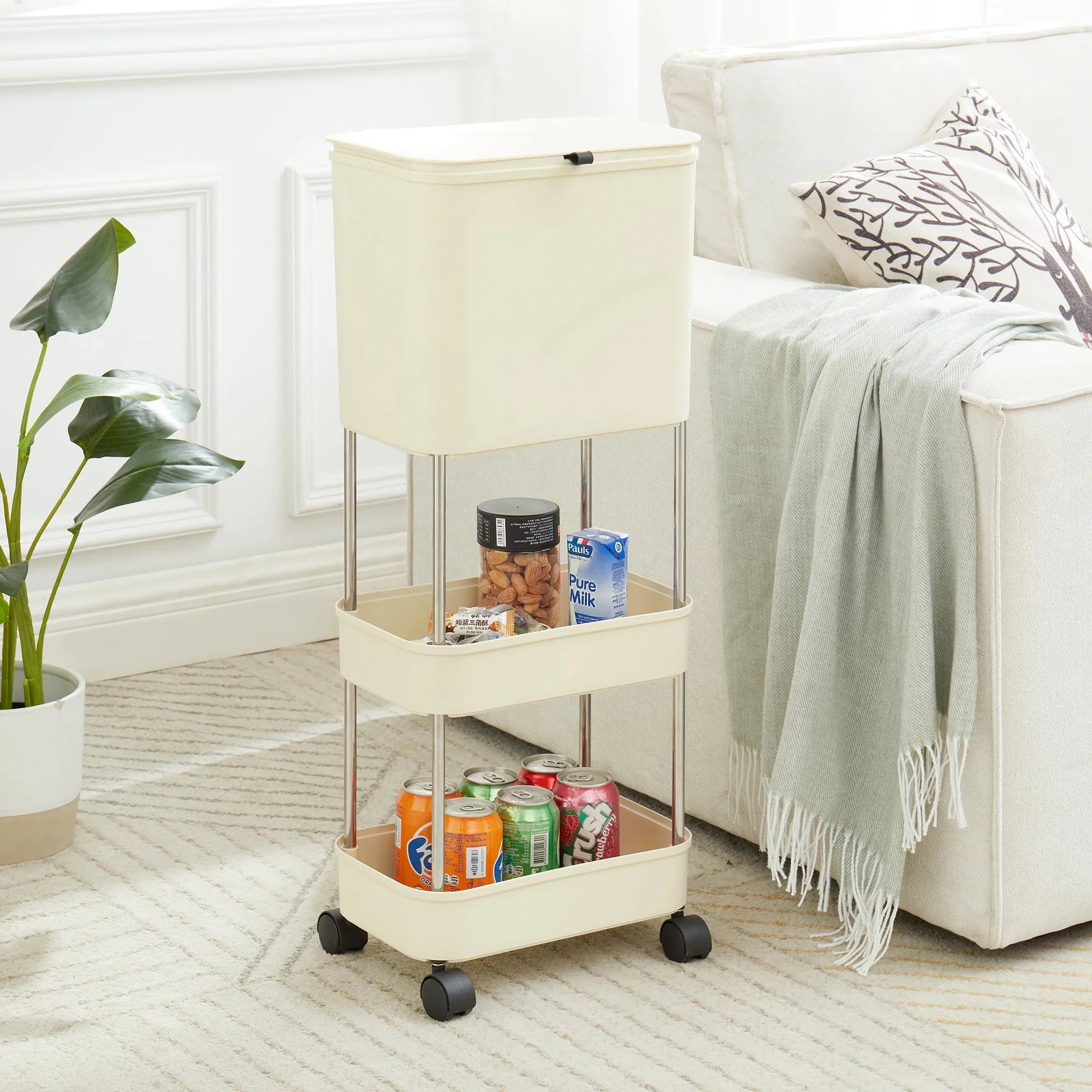 Carucior depozitare cu cos gunoi si 3 niveluri cu roti 360° , 78.5 x 24 x 17 cm