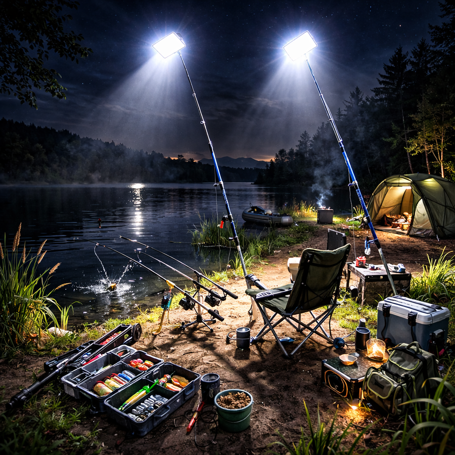 Kit Nocturna eLIVE FR-04, Proiector Camping LED 47W 4558lm, Waterproof, Brat Telescopic Ajustabil 4,5m, 3 Adaptoare 220V, Telecomanda, Geanta Transport
