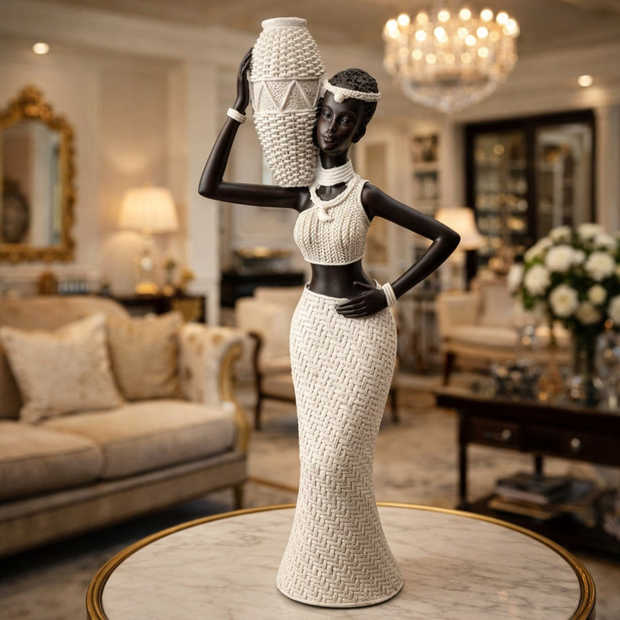 Statueta decorativa femeie africana cu vas, design elegant, rasina, stil etnic modern, decor interior premium, 28x10 cm