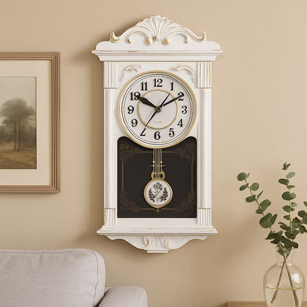 Ceas de perete vintage cu pendul, aspect lemn, 41 cm x 22 cm x 7 cm