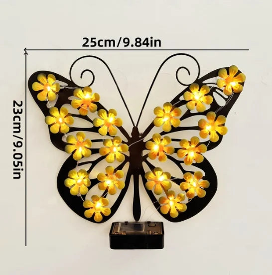 Set 2 Fluturi Solari Decorativi cu Lumini LED Roz Galben pentru Perete Gard - detaliu produs