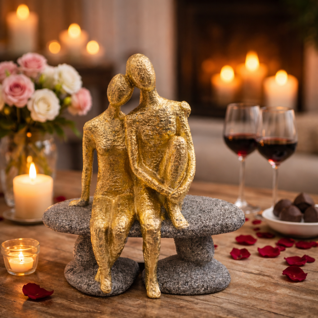 Statueta decorativa cuplu pe banca din rasina 20 cm