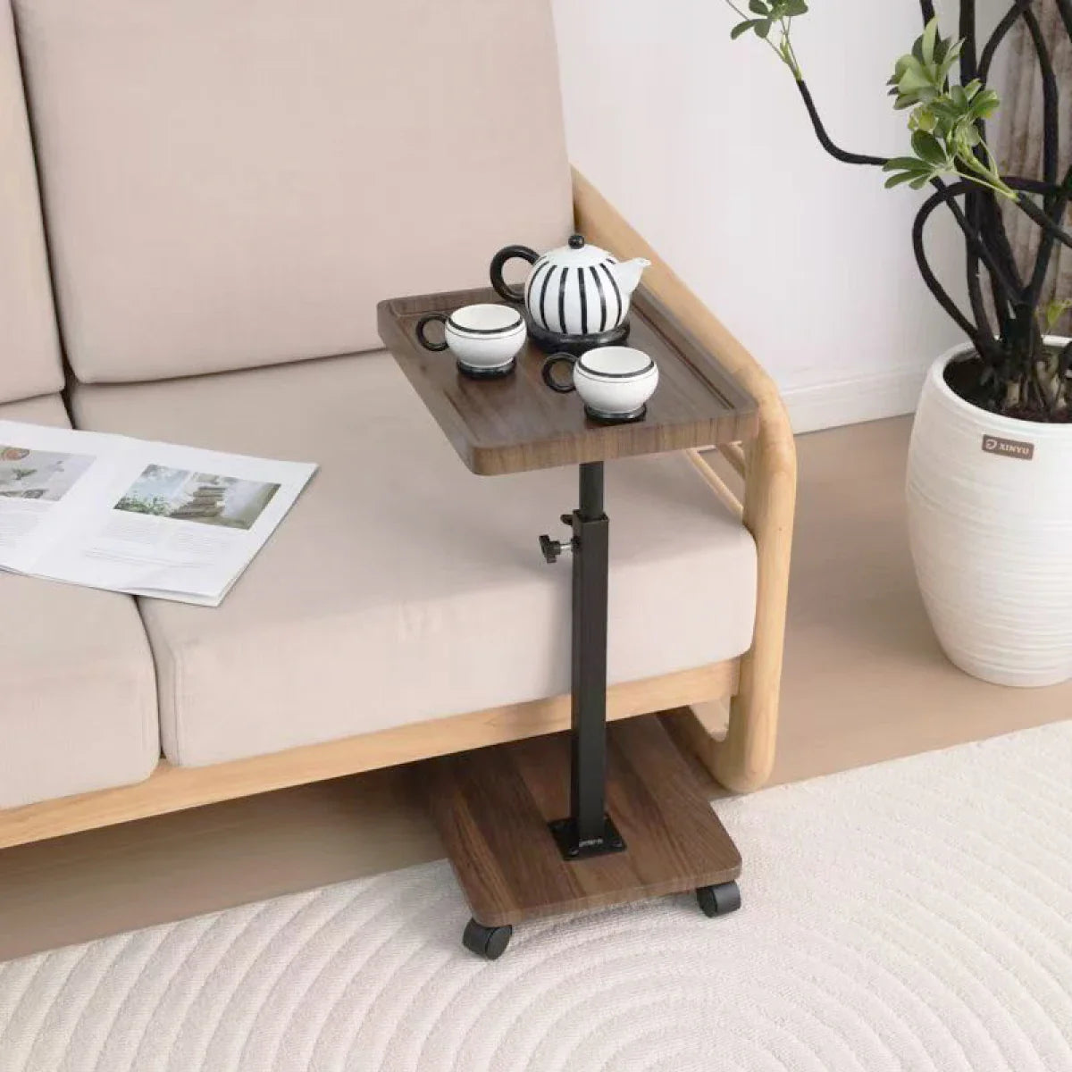 RESIGILAT - Masuta portabila pentru cafea, 2 blaturi MDF, inaltime ajustabila 45-80 cm, blat superior 40 x 30 cm, maro
