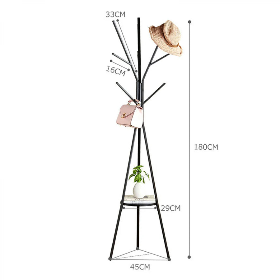 RESIGILAT - Cuier haine cu suport din lemn pentru accesorii, 9 carlige, otel carbon, 180 x 45 cm, negru