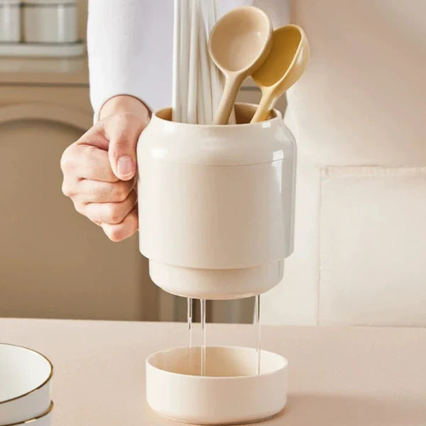Suport ustensile bucatarie cu scurgere de tip cana, 13.5 cm x 11 cm, 14 cm, bej