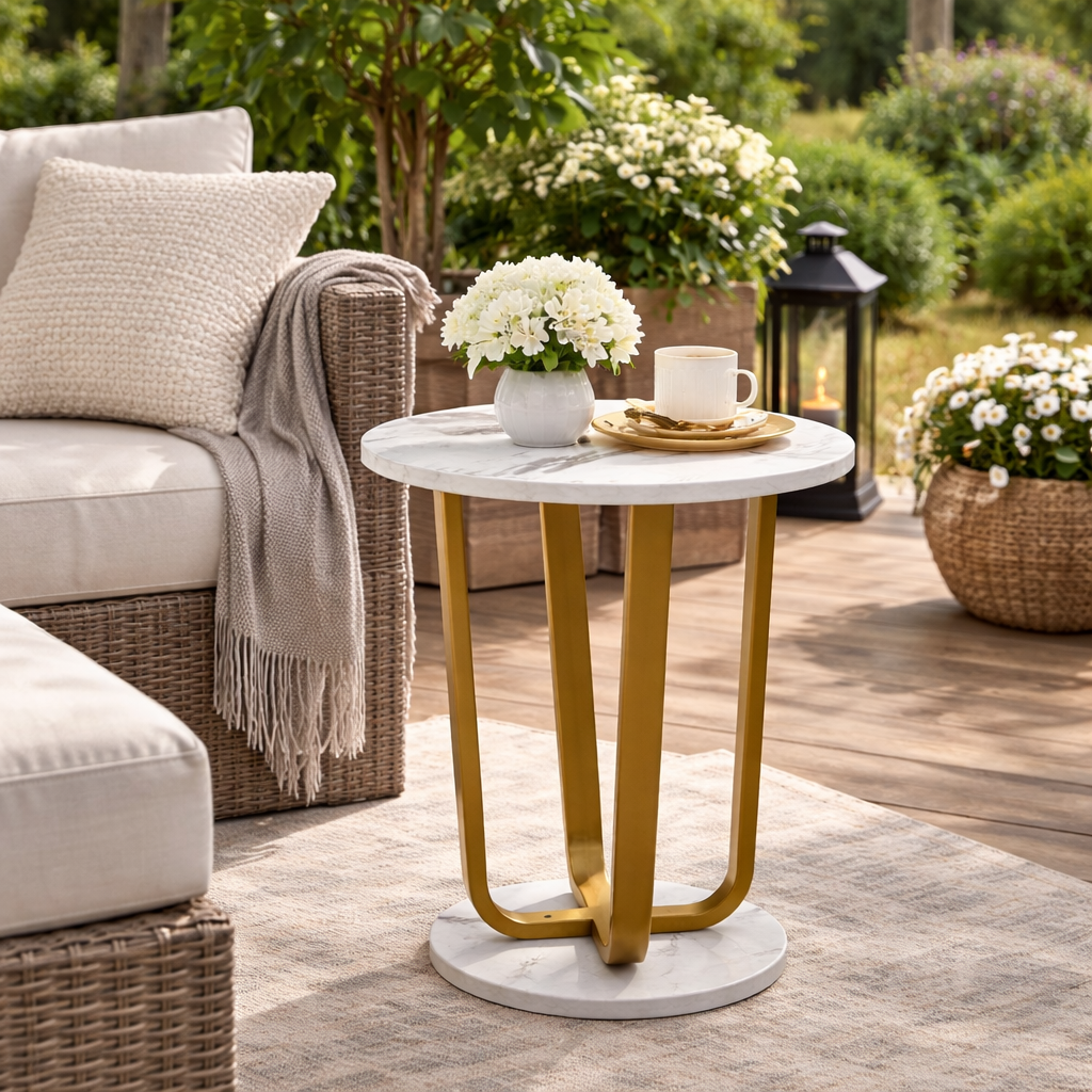 Masuta rotunda, blat efect marmura, cadru metalic auriu, design modern, 40x55 cm