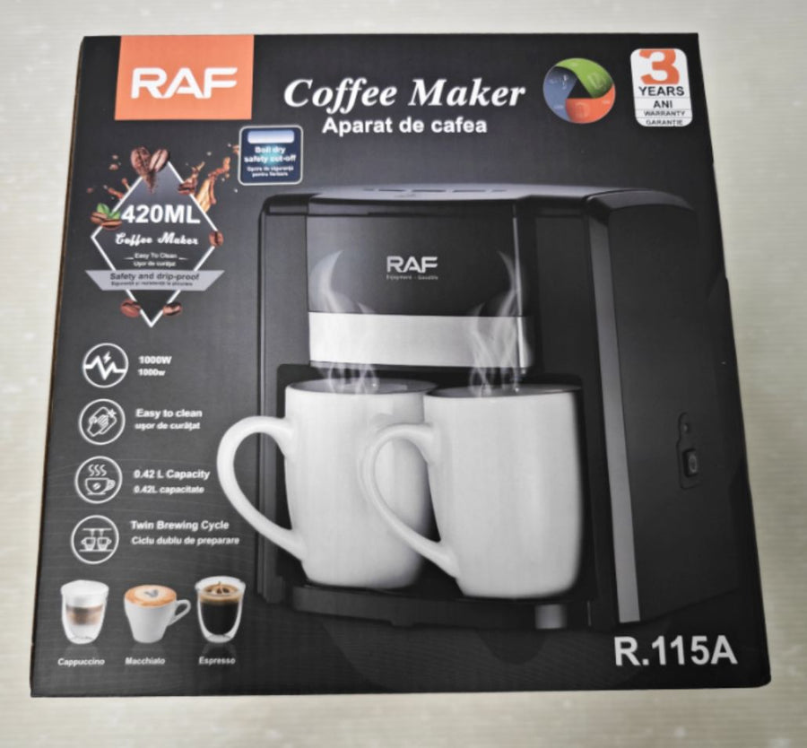 Aparat de cafea RAF 1000W cu 2 cani ceramice si lingura de masurare incluse, 420ml