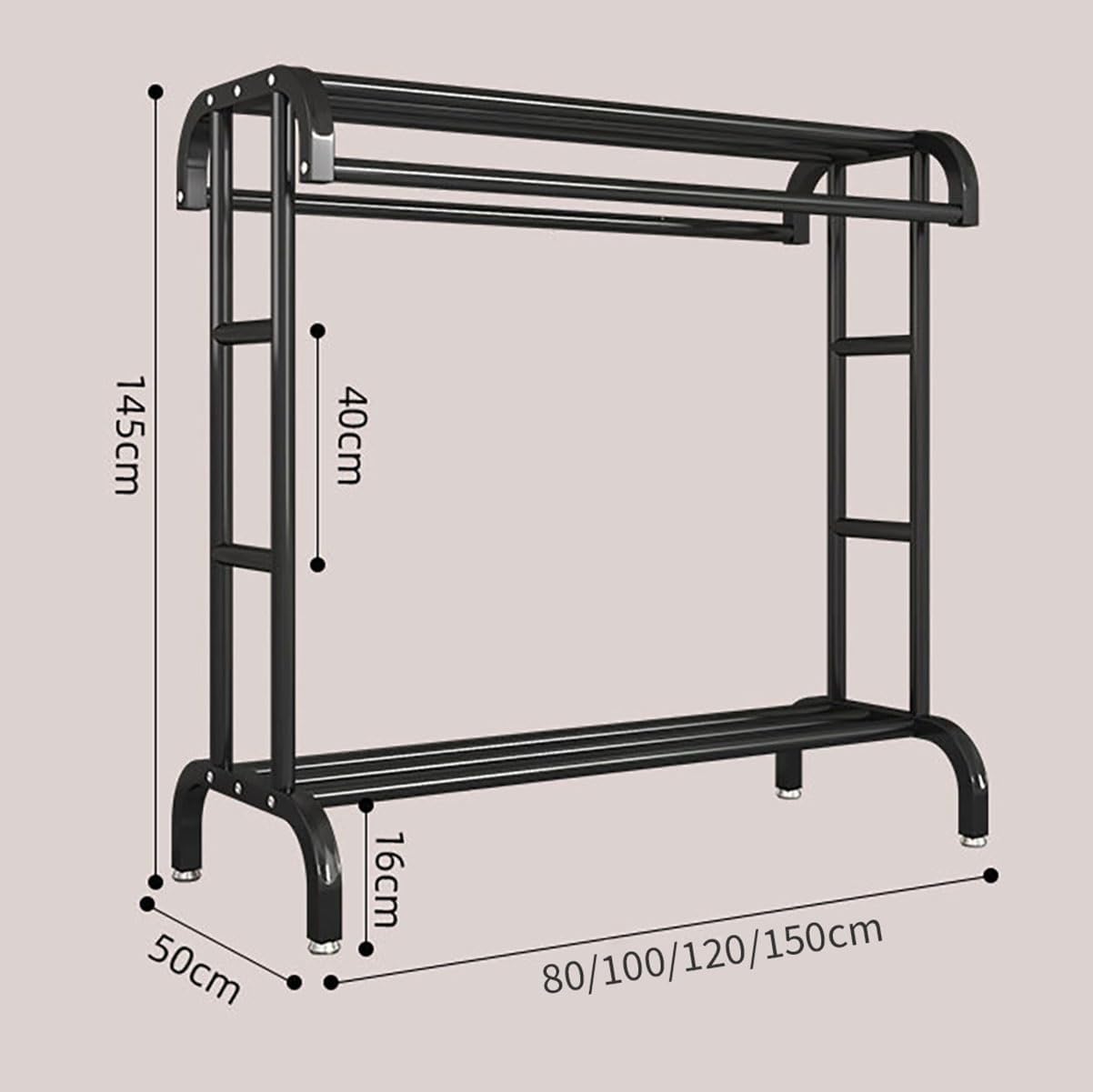 Suport dublu de umerase pentru haine, cu 1 suport de pantofi, din metal, cu raft depozitare deasupra – 50KG greutate maxima, 150 x 110 x 50cm