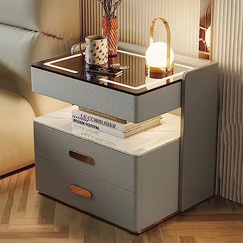 Noptiera inteligenta cu incarcare wireless, lumini LED reglabile, 3 sertare de depozitare, 50x40x56cm