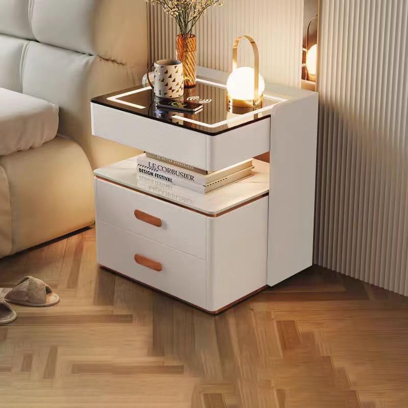 Noptiera inteligenta cu incarcare wireless, lumini LED reglabile, 3 sertare de depozitare, 50x40x56cm