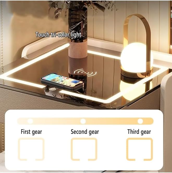 RESIGILAT - Noptiera inteligenta cu incarcare wireless, lumini LED reglabile, 3 sertare de depozitare, 50x40x56cm