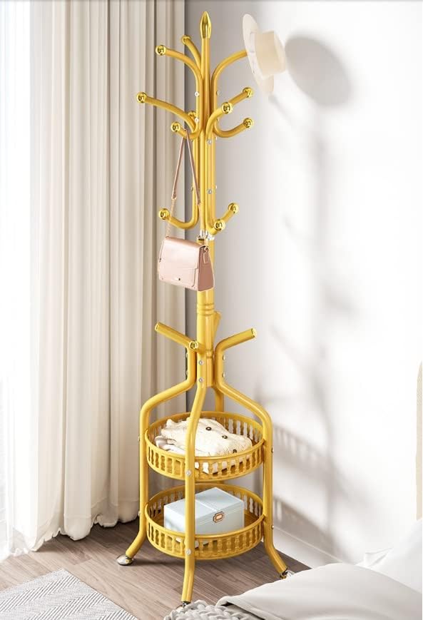 RESIGILAT - Cuier de podea metalic auriu, 34 x 189 cm, cu carlige multiple si 2 rafturi de depozitare, tip hall tree, pentru hol, dormitor sau birou