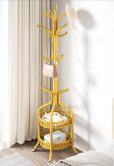 RESIGILAT - Cuier de podea metalic auriu, 34 x 189 cm, cu carlige multiple si 2 rafturi de depozitare, tip hall tree, pentru hol, dormitor sau birou