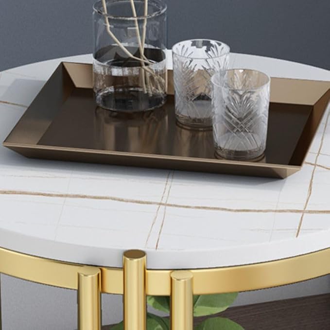 Masuta rotunda pe 2 nivele, blat tip piatra, cadru metalic auriu, design elegant, 60x30 cm