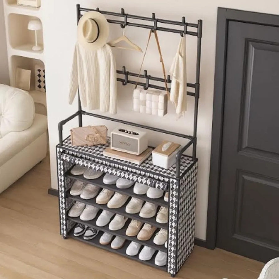 Suport multifunctional pentru incaltaminte cu cuier, negru, 171x80x30 cm, cu husa anti-praf - imagine principala