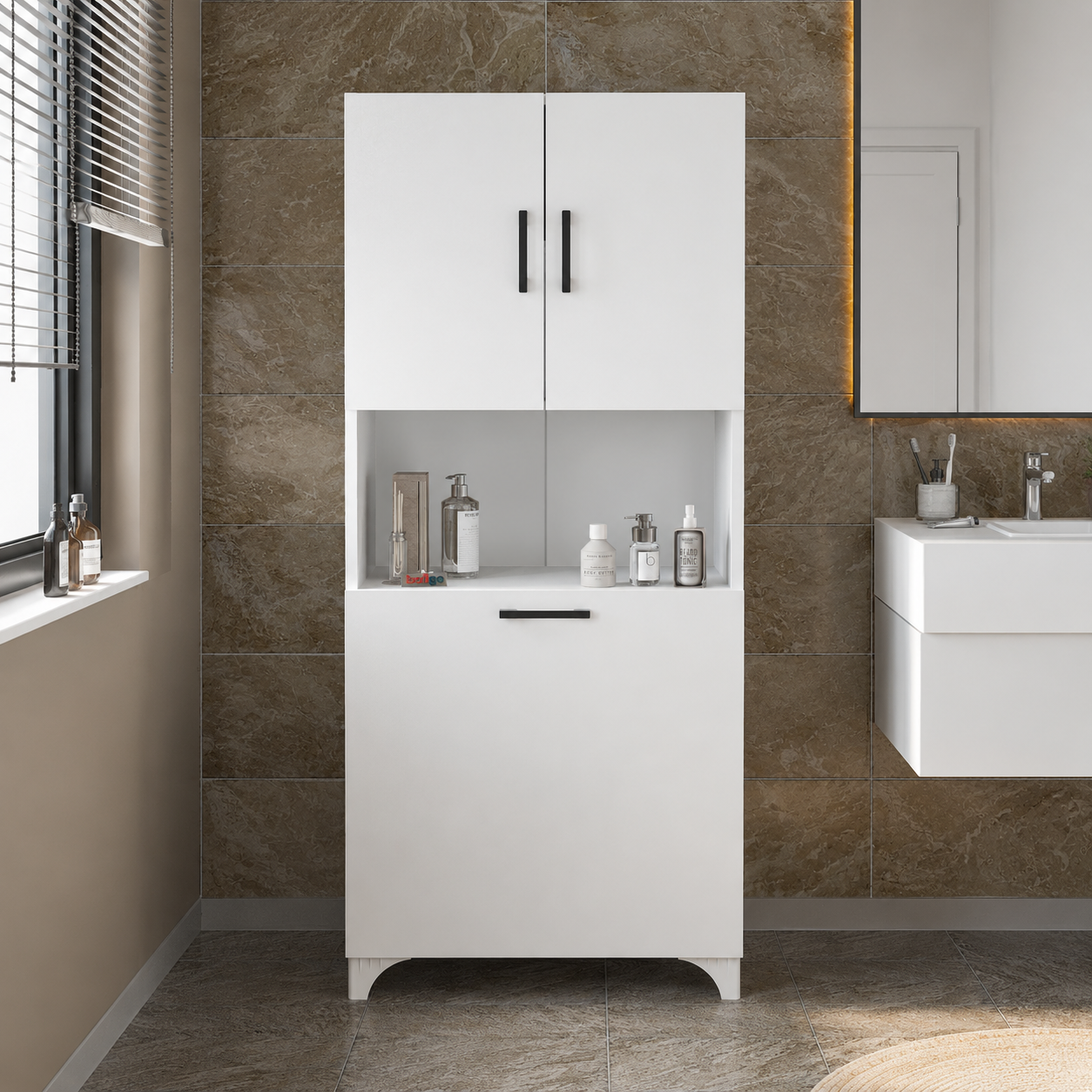 Dulap multifunctional pentru baie sau bucatarie, cu spatiu pentru cos de rufe, 60 x 33,8 x 153,6 cm