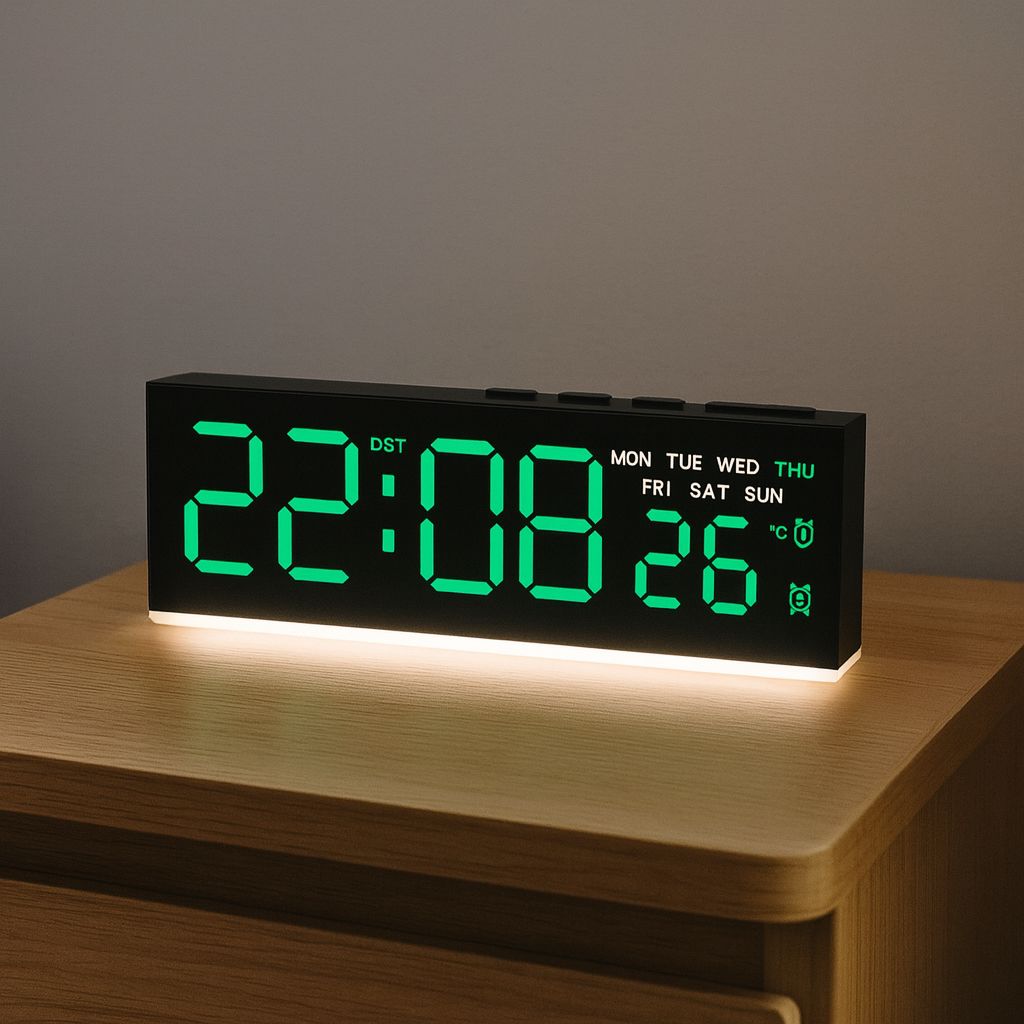 Ceas digital LED Full Screen Display cu alarma duala, temperatura, data si lumina ambientala – design ultra-slim