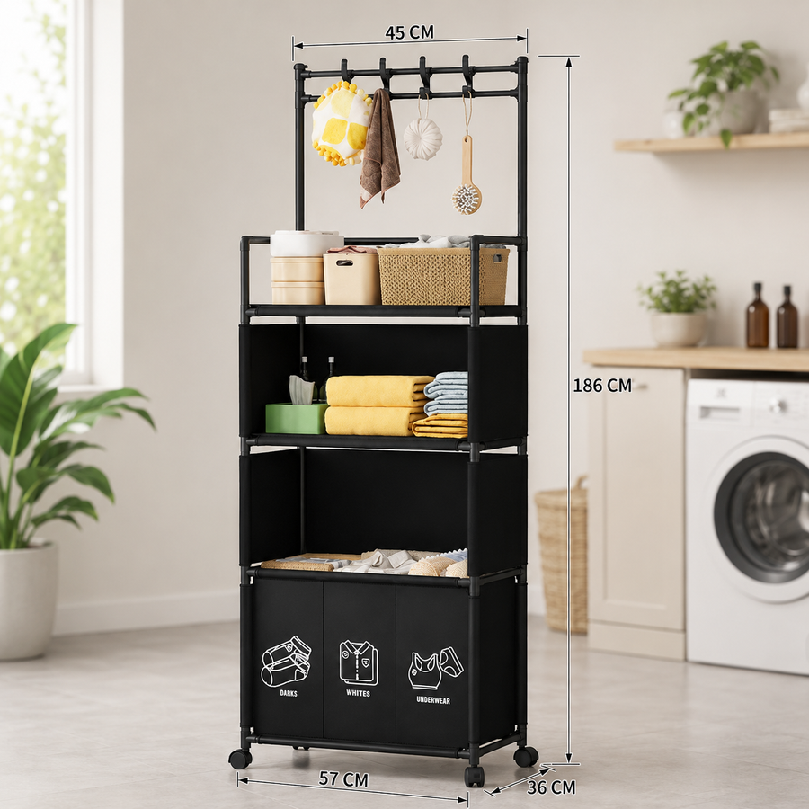 Raft Mobil pentru Baie cu Roti 186x36x57cm Compartimente Sortare Sac Textil Rufe - detaliu produs