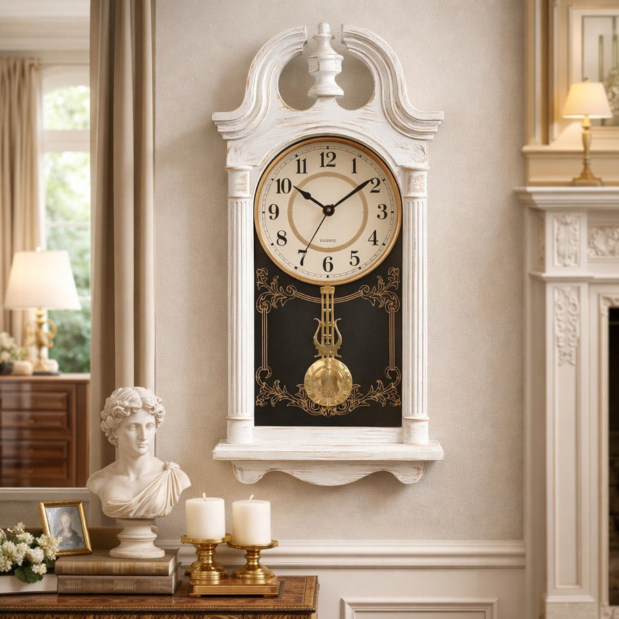 Ceas de perete cu pendul 66x29 cm design clasic elegant cu accente aurii silentios