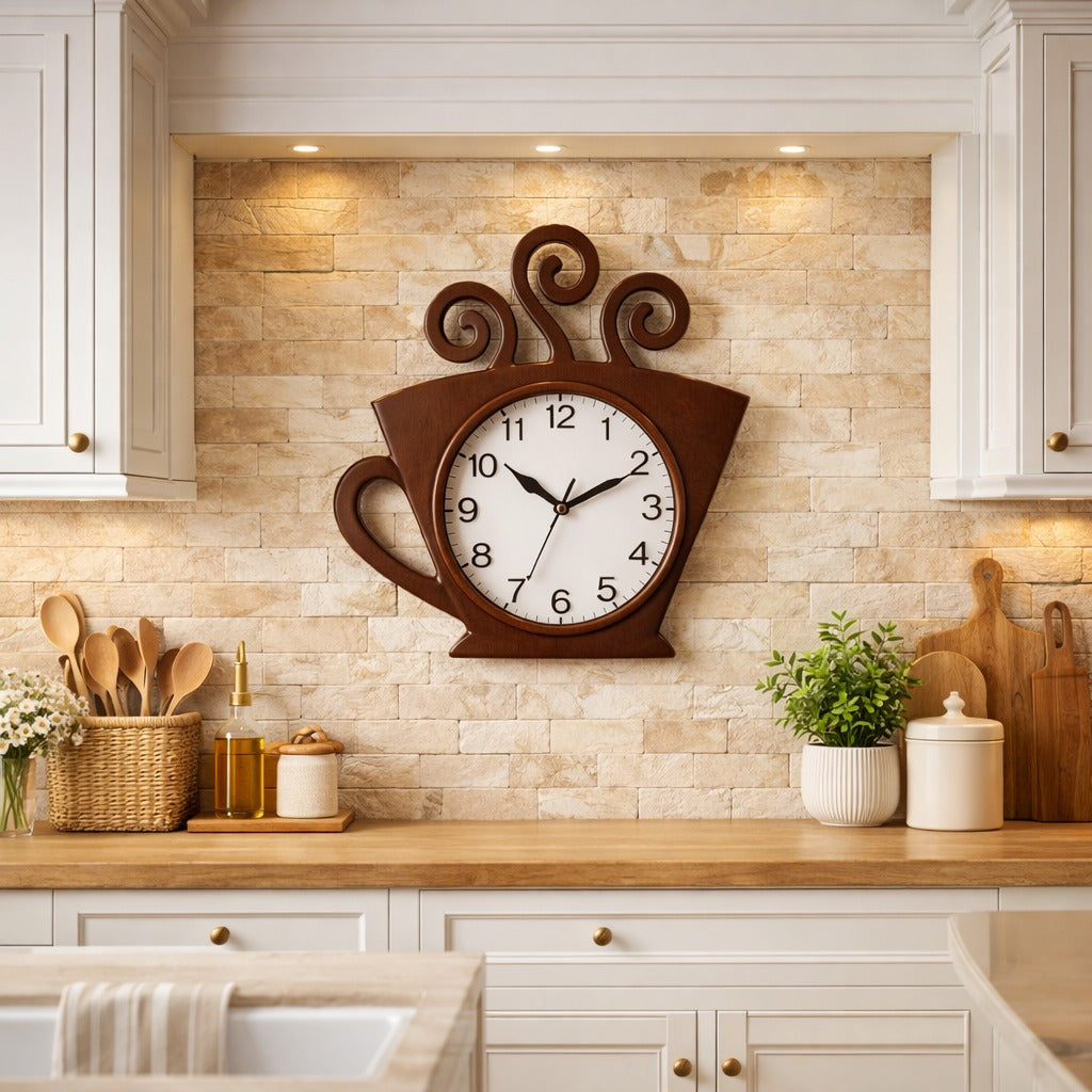 RESIGILAT - Ceas de perete model ceasca cafea 29x27 cm – design decorativ pentru bucatarie sau cafenea