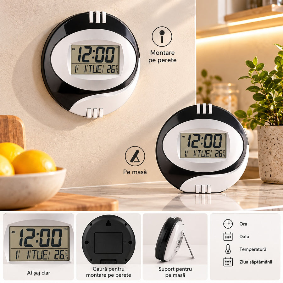 Ceas Digital 2 în 1, de Masă și de Perete, cu Temperatură, Dată și Ziua Săptămânii – 20 cm - imagine principala