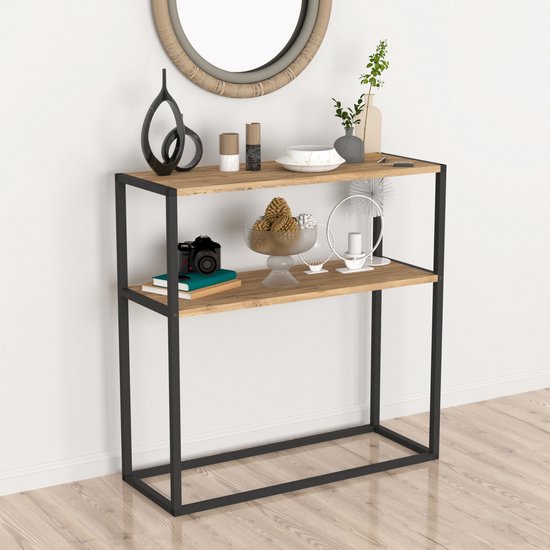 Masă consola decorativa cu 2 rafturi, 90x90x33,5 cm, efect stejar și cadru metalic