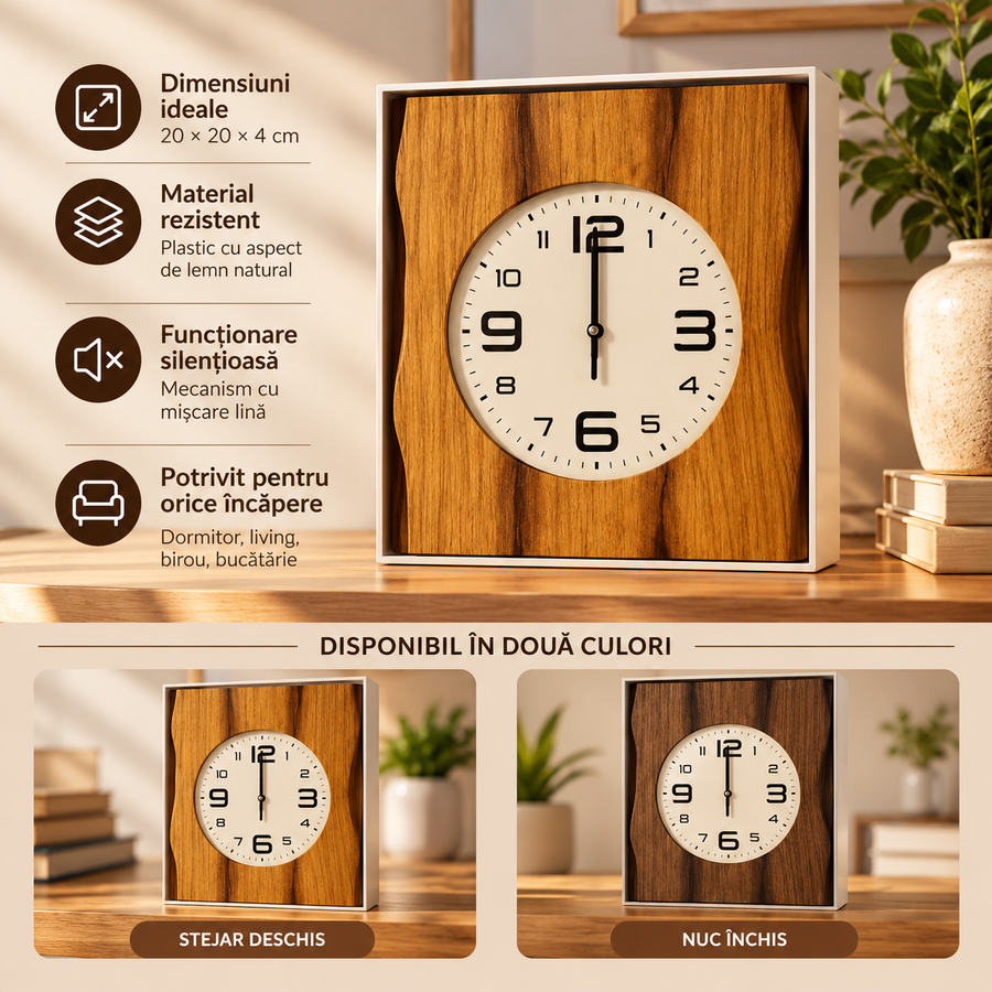 Ceas de Perete Decorativ 37 × 34 cm, Aspect de Lemn Natural, Design Modern și Elegant, Mecanism Silențios - detaliu produs