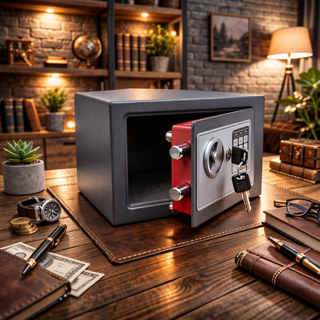 Seif metalic din otel cu inchidere electronica si cheie, 23 x 17 x 17 cm