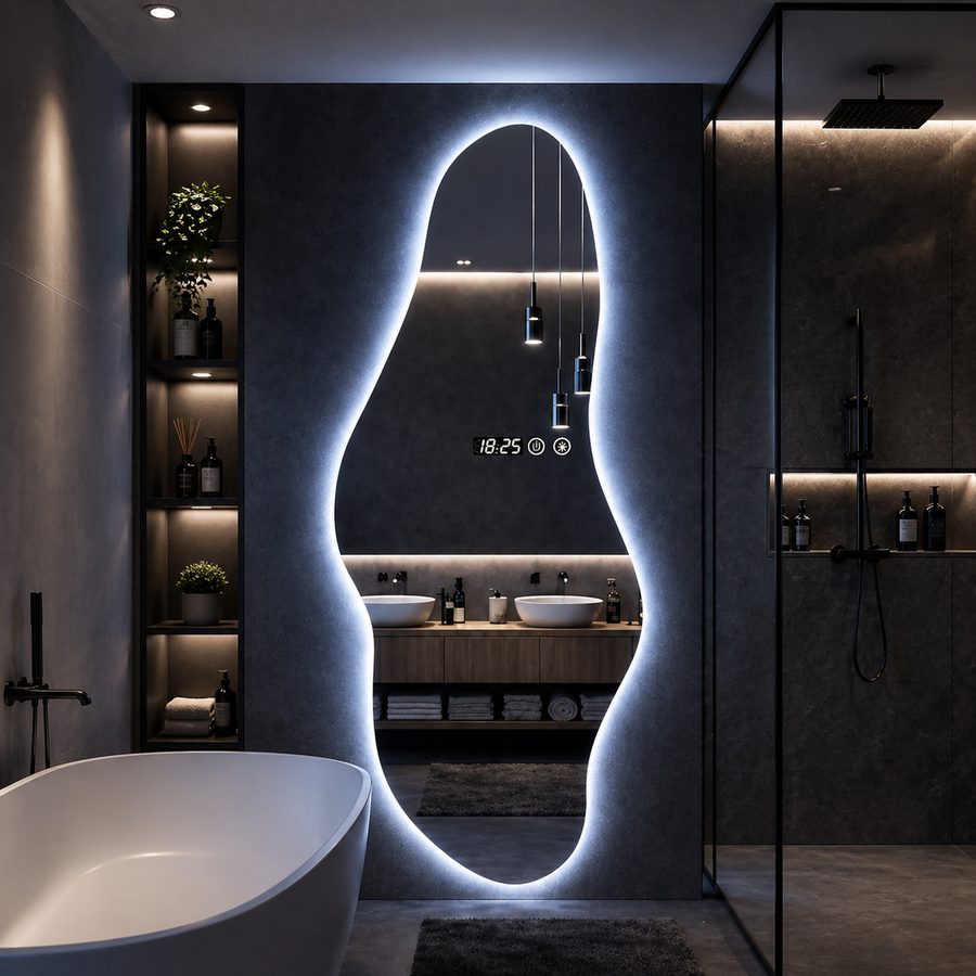 RESIGILAT - Oglinda LED forma asimetrica 55x180 cm iluminare 3 culori touch ceas digital