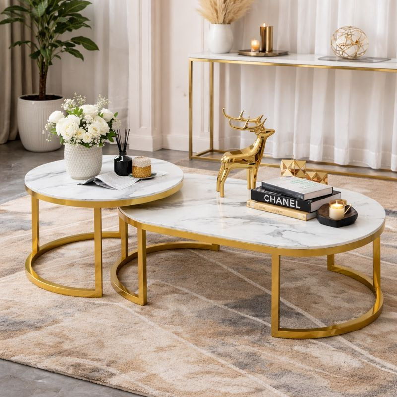 RESIGILAT - Set 2 Mese Cafea, Design Modern Minimalist, Blat Alb Efect Marmura, Cadru Metalic Auriu