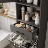 Dulap de baie multifuncțional cu coș de rufe, PAL 18 mm, compartimente de depozitare și rafturi, Alb, 202,5 x 47 x 35,3 cm - detaliu produs