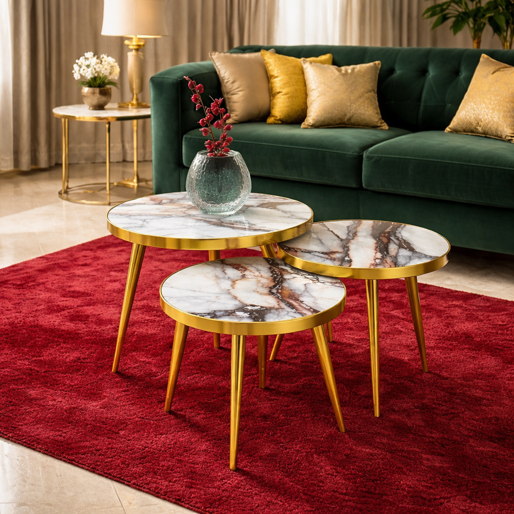 Set 3 masute de cafea tip nesting, cu blat tip marmura ,rotunde, alb si auriu – design premium