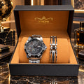 Set Cadou Premium pentru Bărbați – Ceas Metalic Argintiu cu Cadran Negru + Brățară Elegantă, Cutie de Prezentare