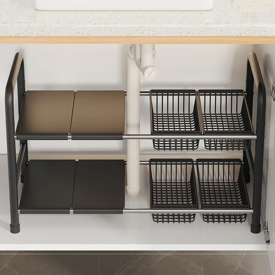 Raft metalic pentru depozitare sub chiuveta, extensibil 55-85 cm, 4 cosuri, 85 (L) x 25 (l) x (H) cm, negru