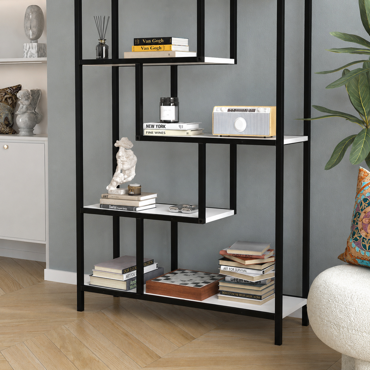 RESIGILAT - Biblioteca Moderna cu 6 Rafturi pentru Living si Birou, Cadru Metalic, PAL 18 mm, 88 x 30 x 160 cm