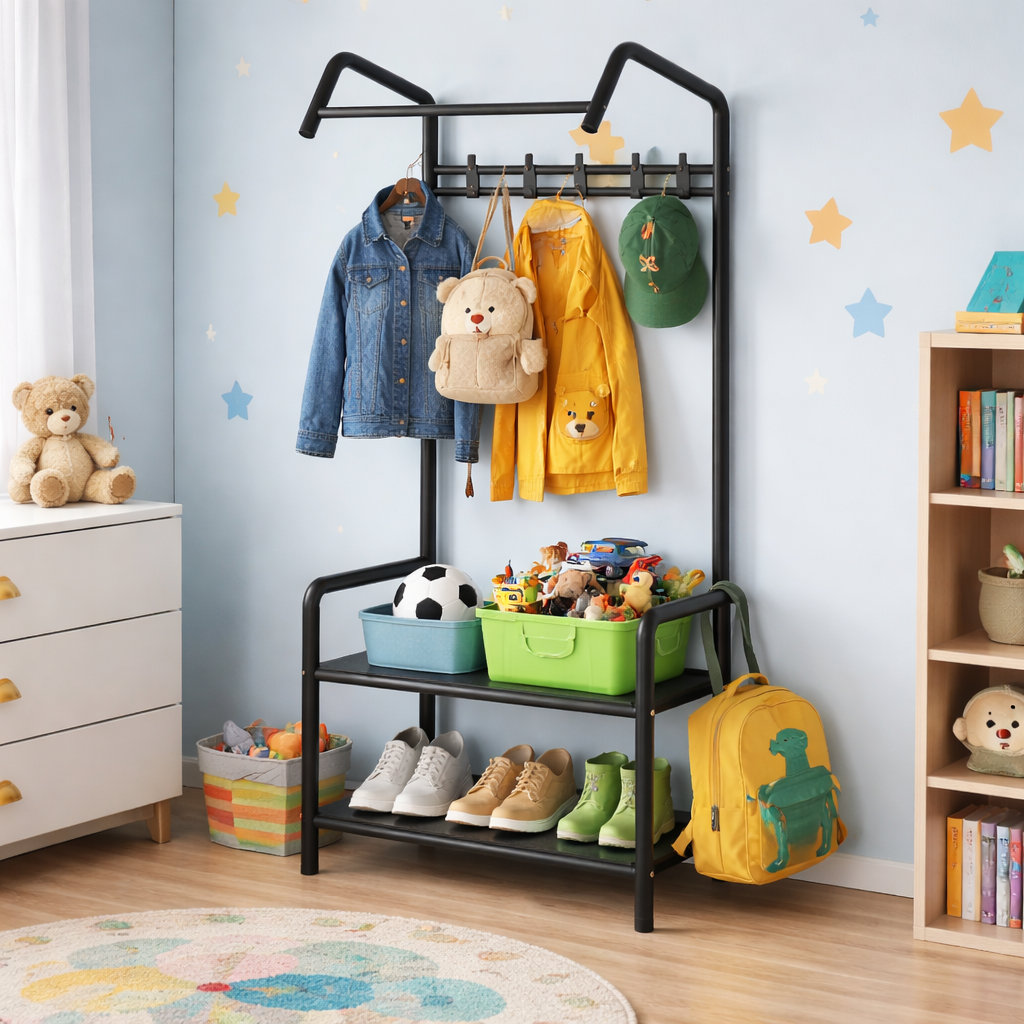 Suport haine metalic 2 in 1 cu polita pentru incaltaminte, 166x60x32 cm