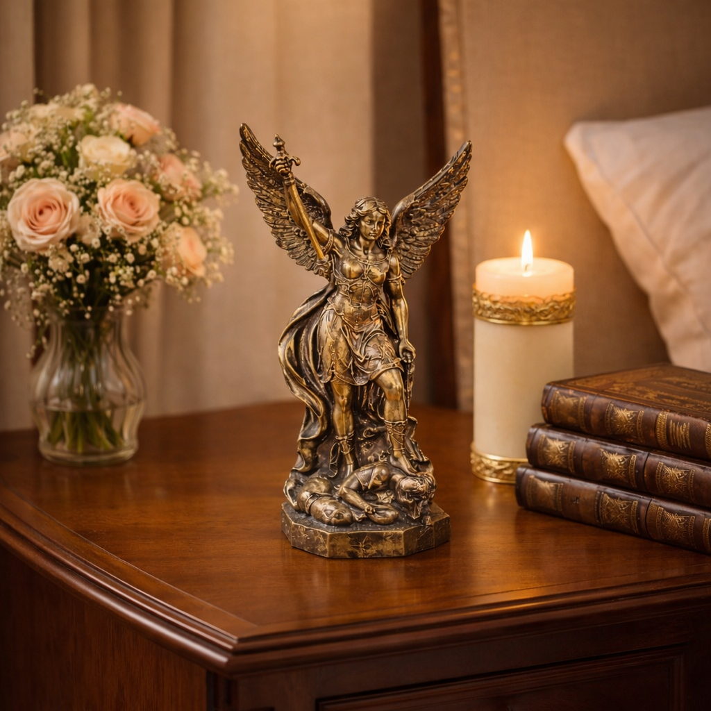 Statueta decorativa Arhanghelul Mihail 12 x 19 cm – finisaj bronz antic