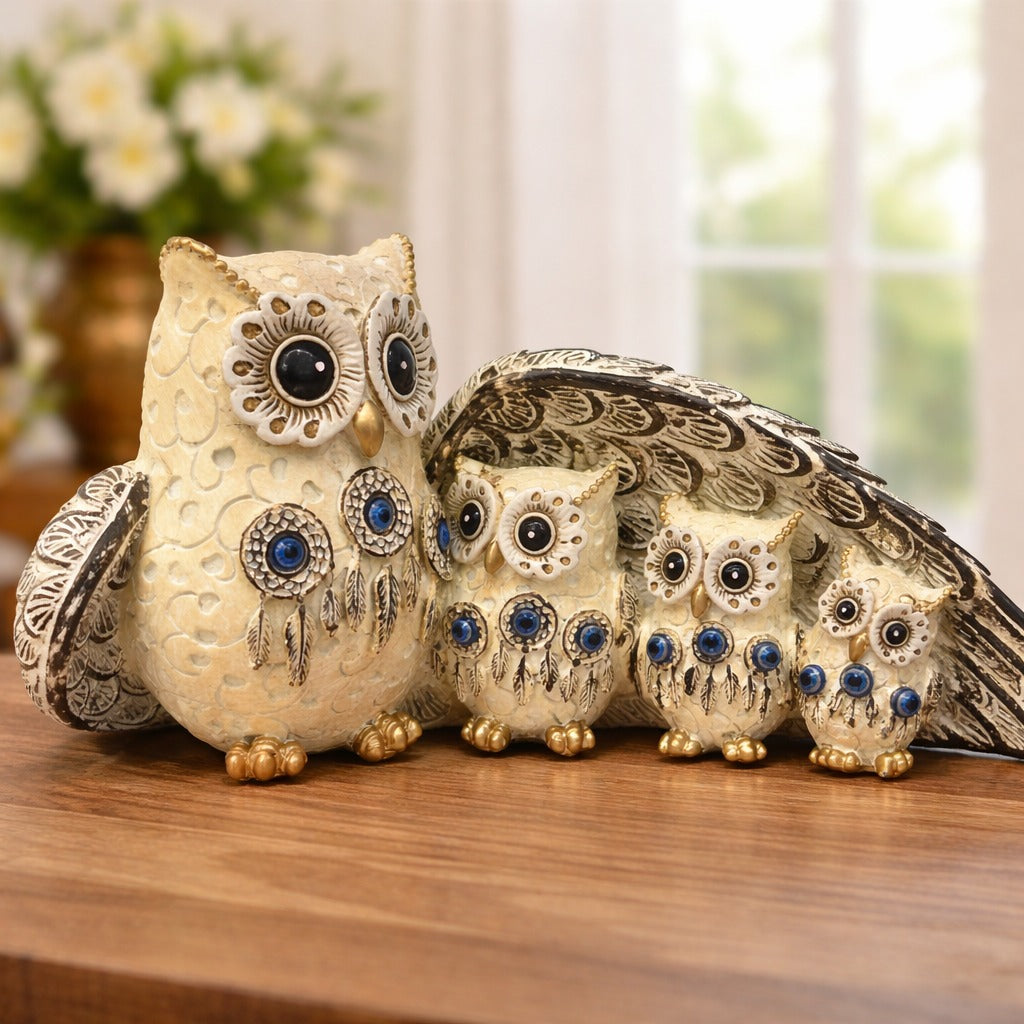 Statueta decorativa Familie de Bufnite din rasina simbol al protectiei si intelepciunii 21 x 8.5 x 10 cm