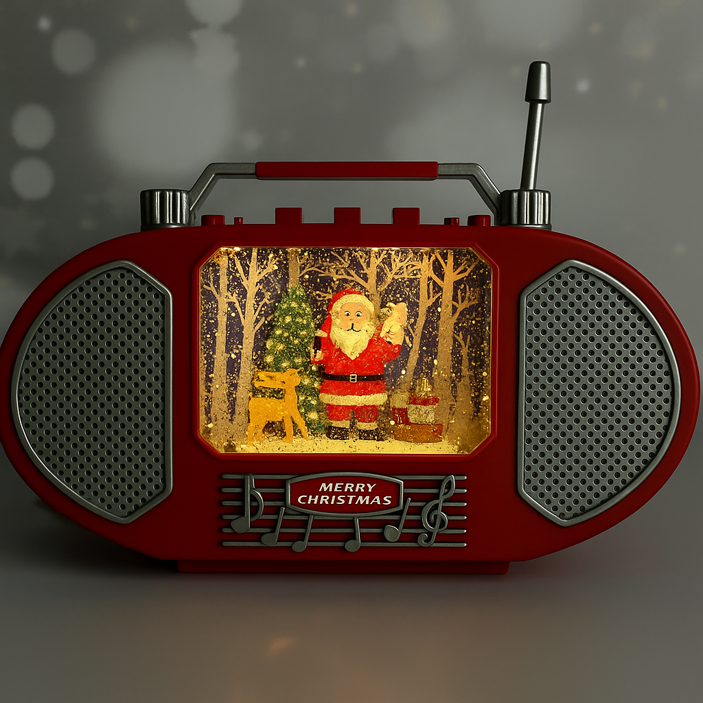 Radio decorativ de Craciun cu Mos Craciun – cu lumini, efect de ninsoare si design retro